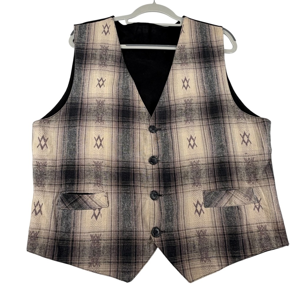 Unbranded Plaid Southwestern Vest Mens XL Black Cream Western Boho Cinch Back